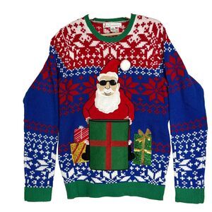 Jolly Sweaters Mens Ugly Christmas Sweater Santa Claus Gifts Drink Pouch Sz S